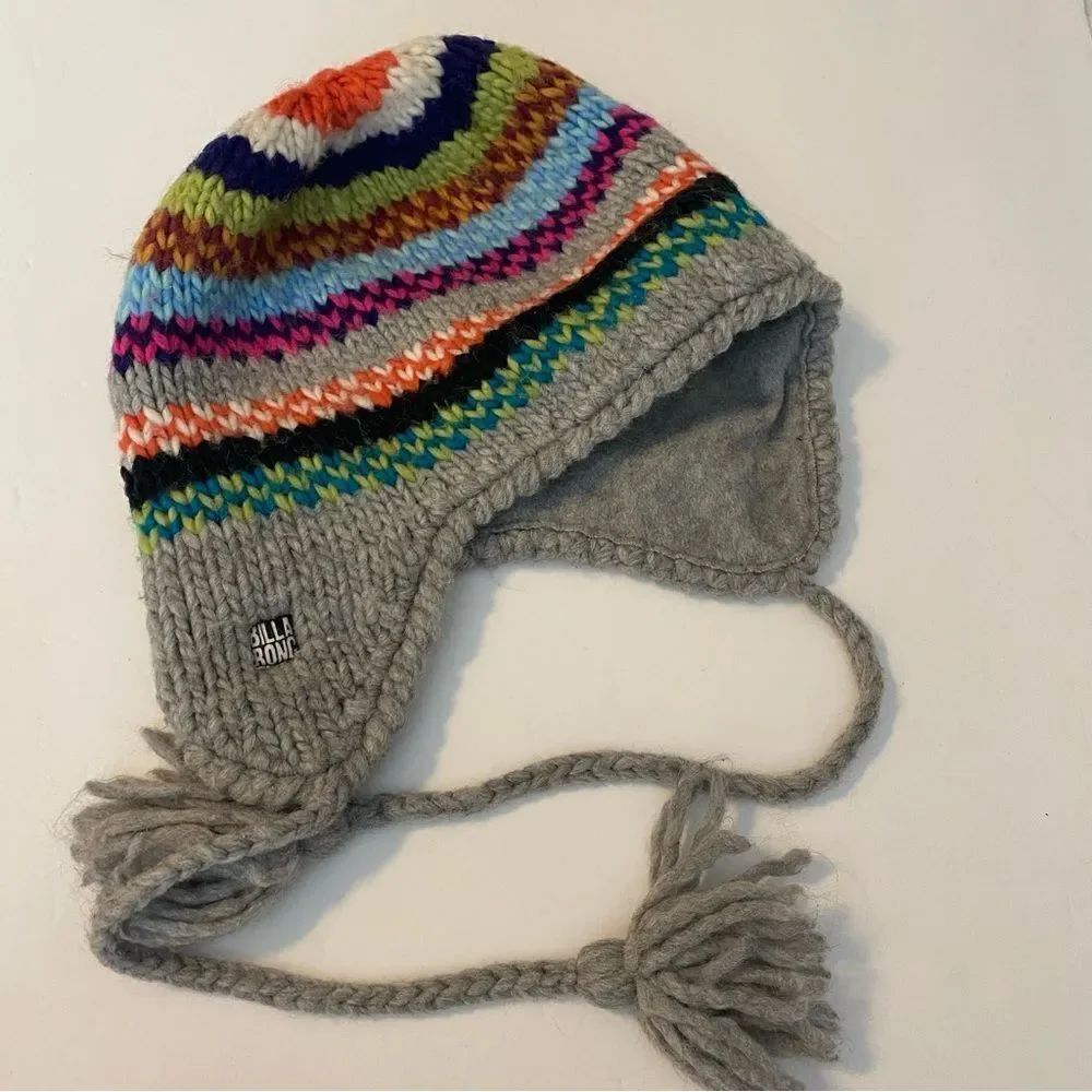 Billabong unisex colorful rainbow wool blend fleece lined ear flap ties hat OS